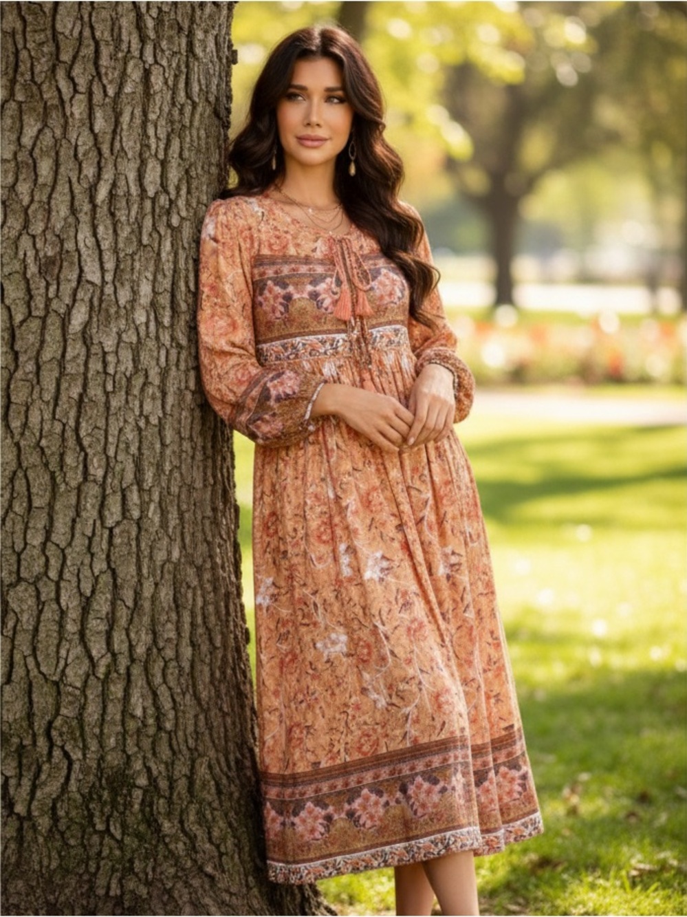R. Vivimos Peach Long Sleeve Floral Print Retro V Neck Tassel Bohemian Dress - Picture 8 of 10